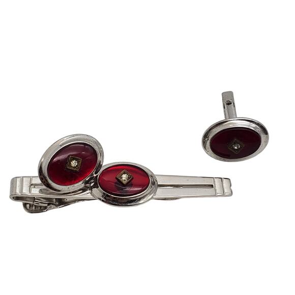 Anson Silver Tone Cufflinks & Tie Bar Red Clasp Clip MCM Oval CZ Rhinestone - Picture 2 of 11